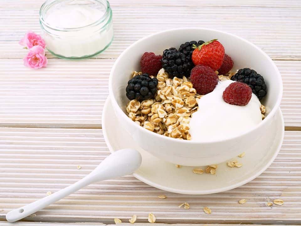 Iaurt de soia cu granola de hrișcă și fructe de pădure, gata de servit