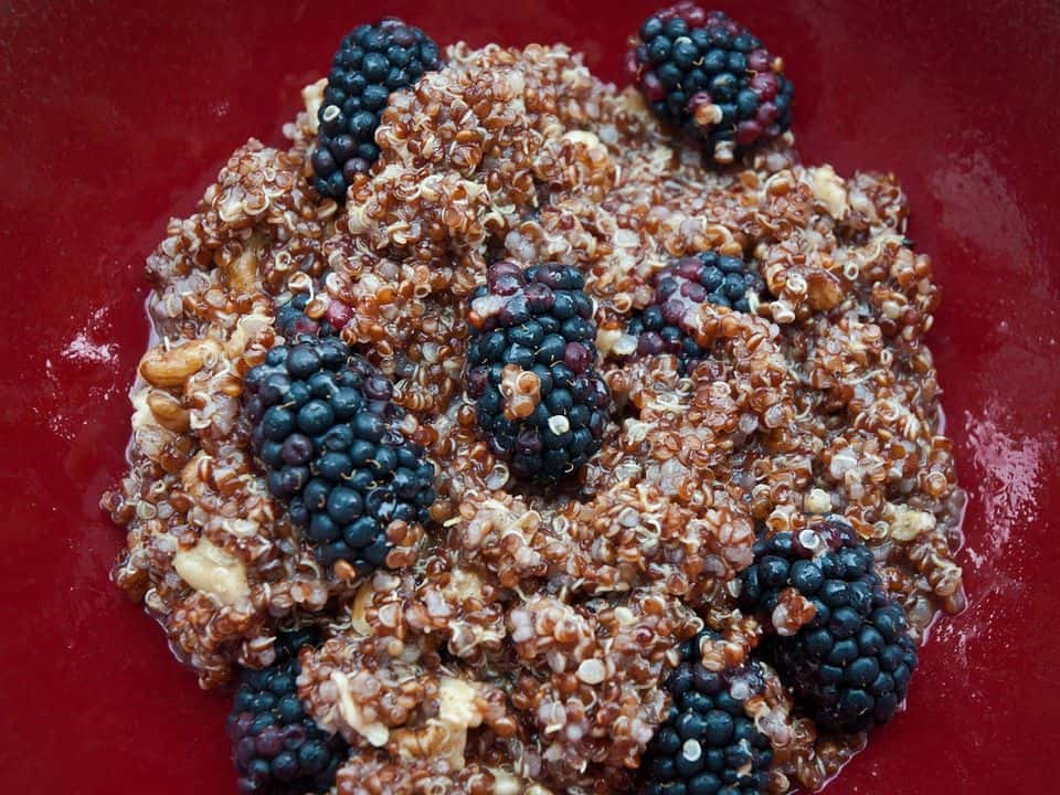 Quinoa cu băutură de soia, mango și nucă de cocos, gata de servit